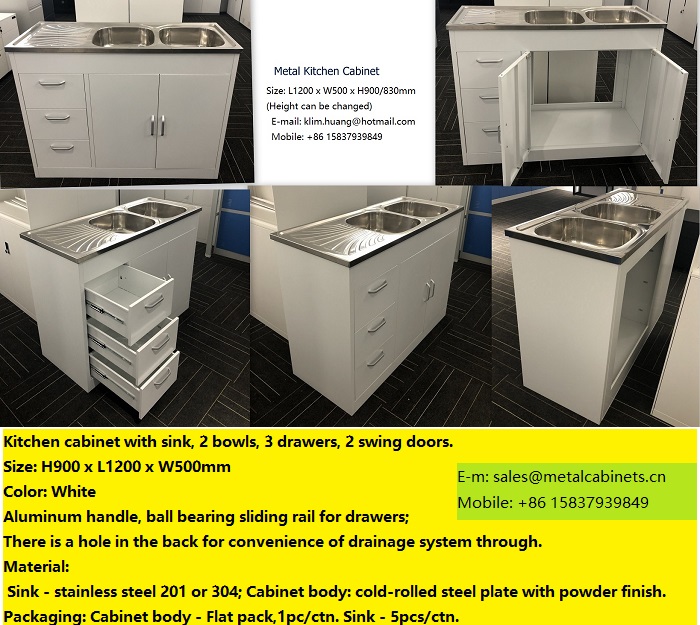 Steel kitchen cabinet with sink, 2 bowls, 3 drawers, white color, exported to Botswana, South Africa